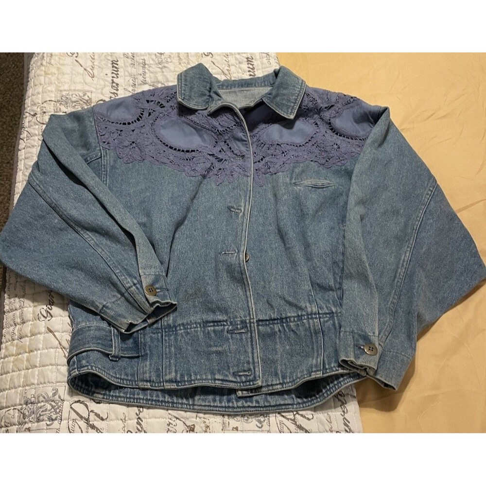 Upcycled Women's Denim Jacket Blue Doily Inserts Women’s Size L